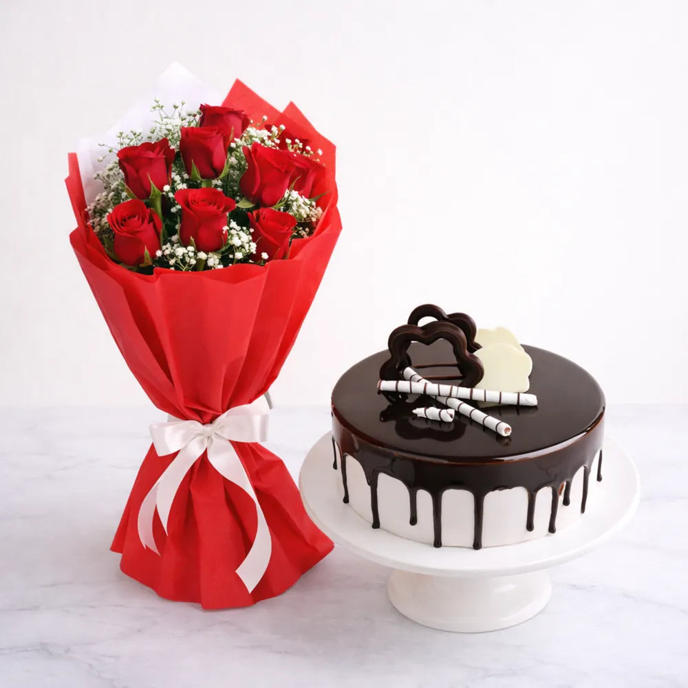 Red Rose With Choco cake